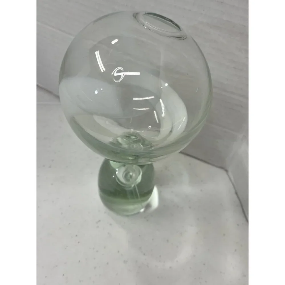 Double Round Vase Green with White Design Rare Vase Style Weighted Bottom